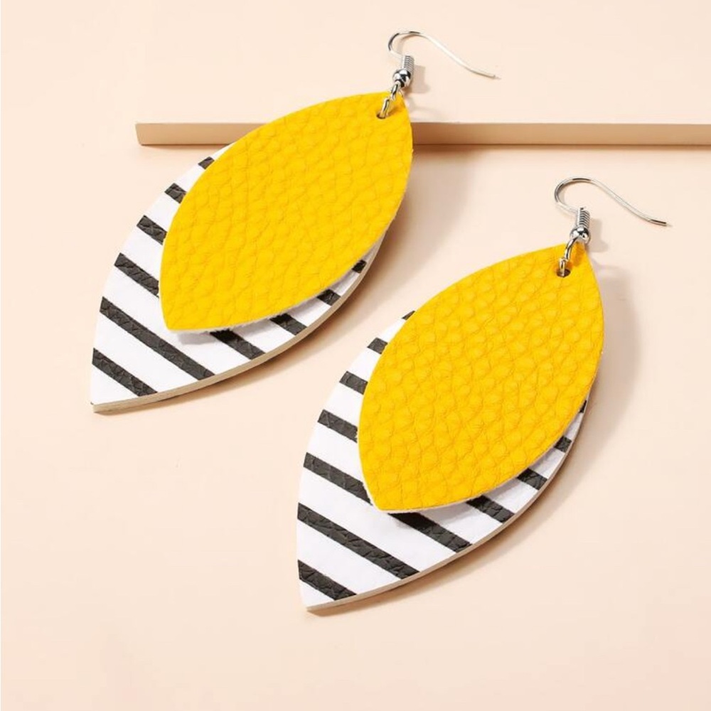 Yellow,  Black & White Striped Lightweight Leaf Shaped Earrings